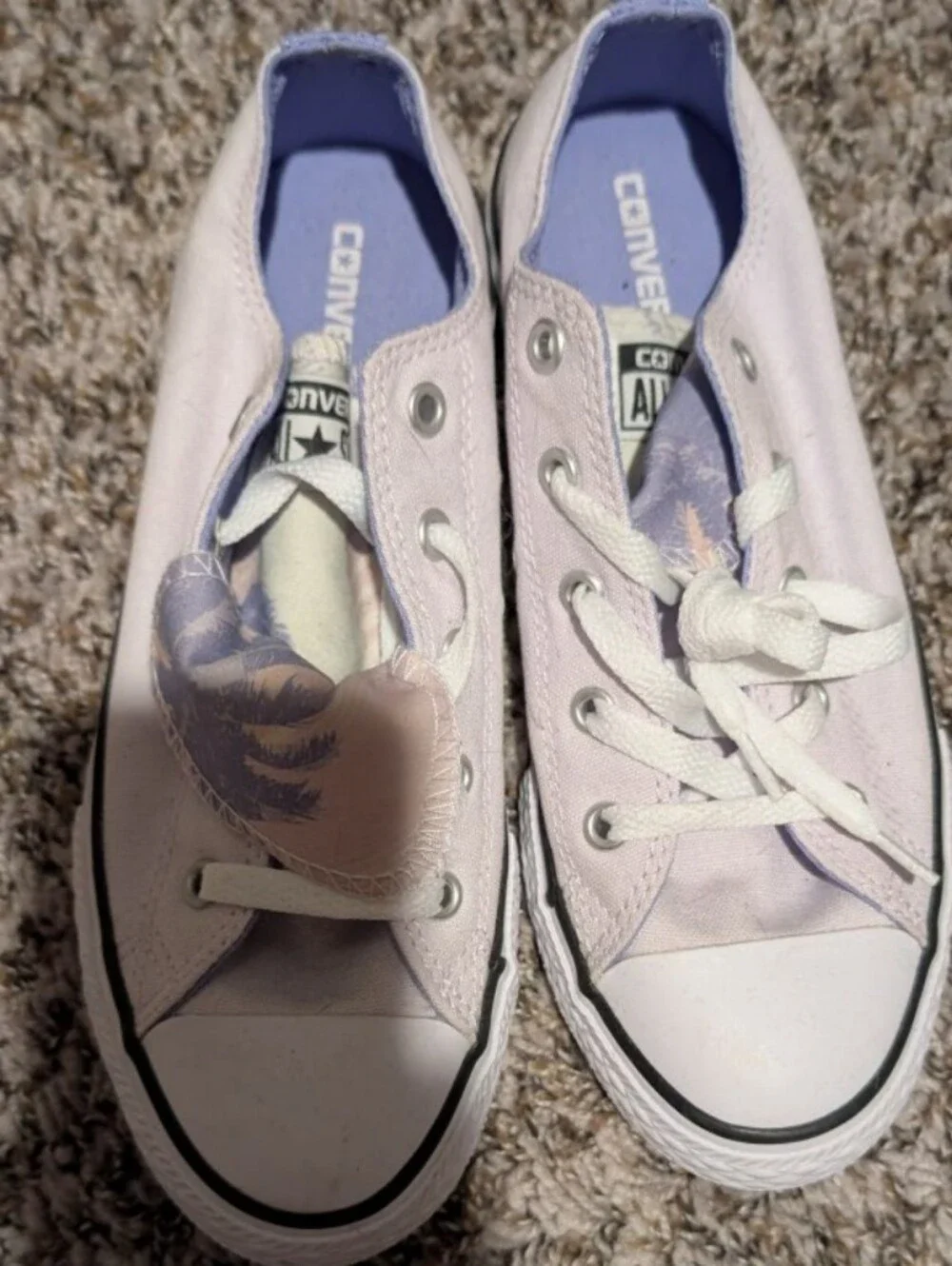 Converse Low Top Canvas Sneakers in Pale Lavender & White With palm tree tongues